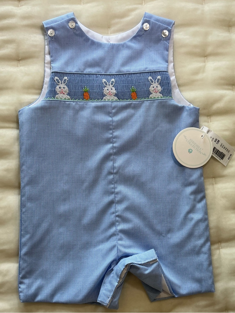 NEW! Edgehill Collection Smocked Blue Check Easter Bunnies One-Piece Romper NWT